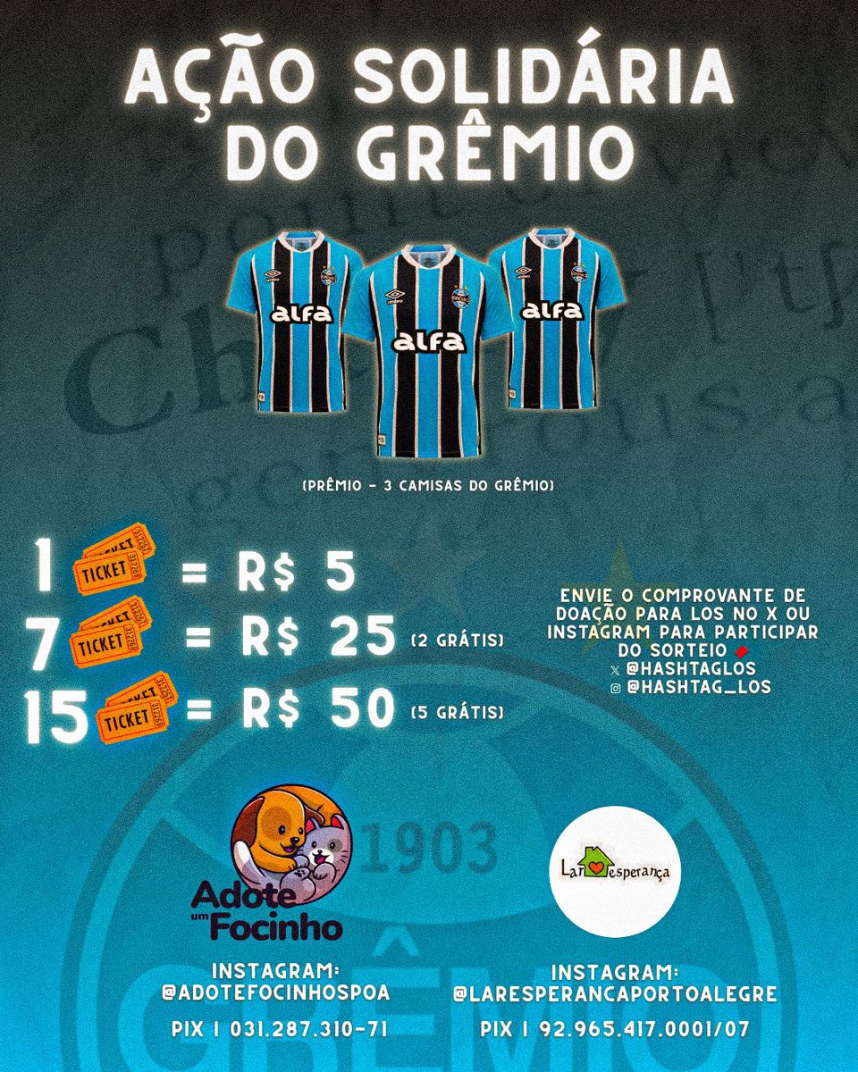 🚨AÇÃO SOLIDÁRIA DO GRÊMIO🚨

Estou ajudando a arrecadar dinheiro para duas instituições de caridade na área de POA e peço sua ajuda!

Doe R$ 5 ou mais e você terá a chance de ganhar 1 de 3 camisas do Grêmio!

A ação termina no início do GREnal do dia 19/4. 

Por favor, curta, RT