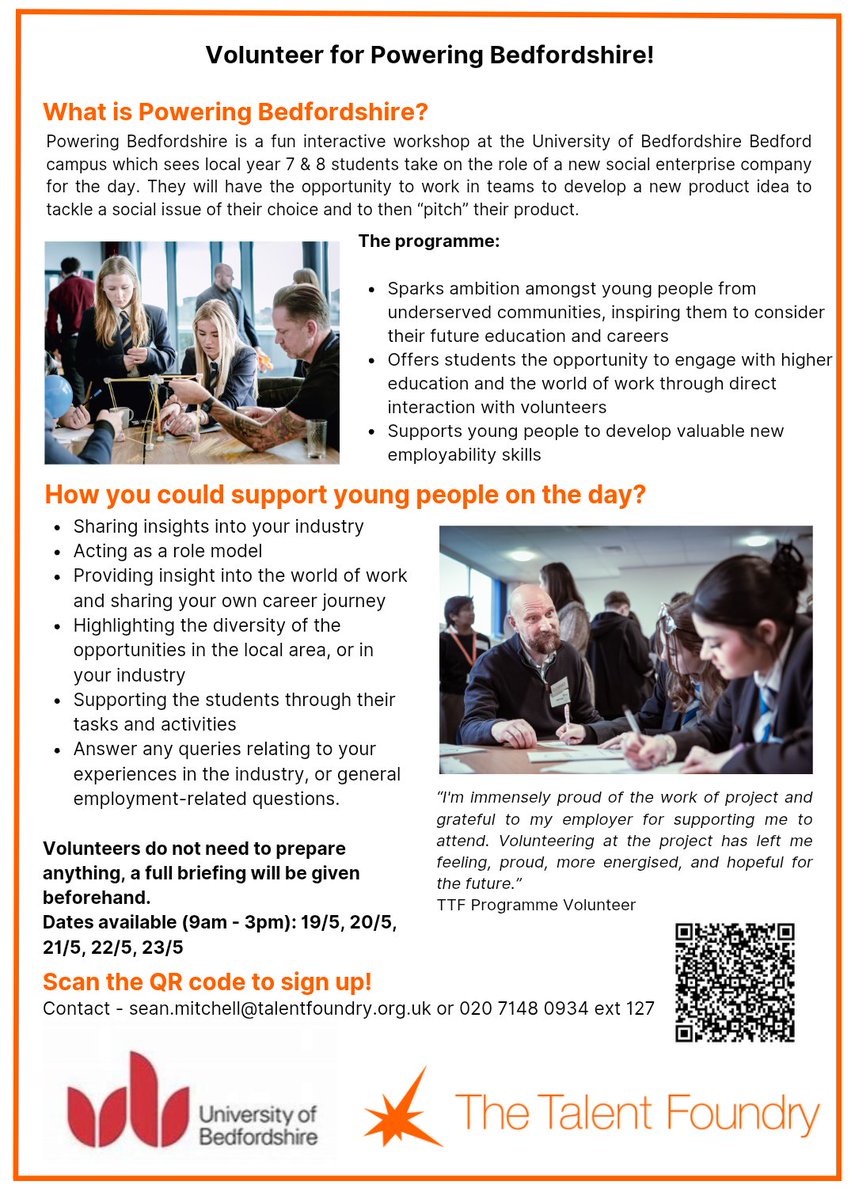 AspireHigher (@aspirehighernet) on Twitter photo Help young people dream big! ✨
Volunteer at Powering Bedfordshire and inspire Yr 7 & 8 students to explore careers and create change.
19–23 May
Bedford campus 🏫
Scan the QR or email: sean.mitchell@talentfoundry.org.uk
#AspireHigher #Volunteering Help young people dream big! ✨
Volunteer at Powering Bedfordshire and inspire Yr 7 & 8 students to explore careers and create change.
19–23 May
Bedford campus 🏫
Scan the QR or email: sean.mitchell@talentfoundry.org.uk
#AspireHigher #Volunteering