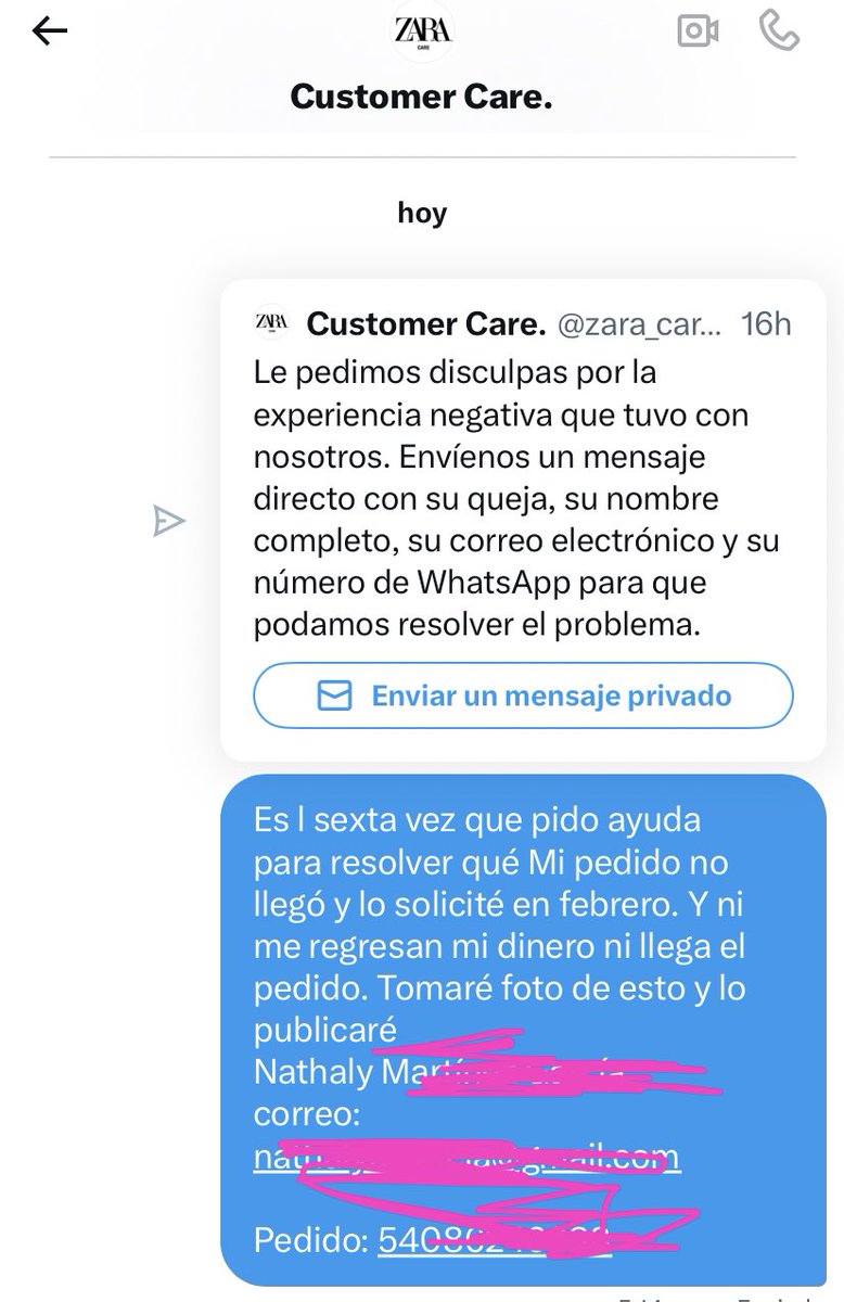 Nath_Garcii's tweet photo. @zara_care_247_ Ya he mando el mensaje y es la sexta vez que pido ayuda. Pegaré aquí l evidencia @Profeco @CondusefMX  @soynumx @ZARA_Care https://t.co/WSv32NmENJ