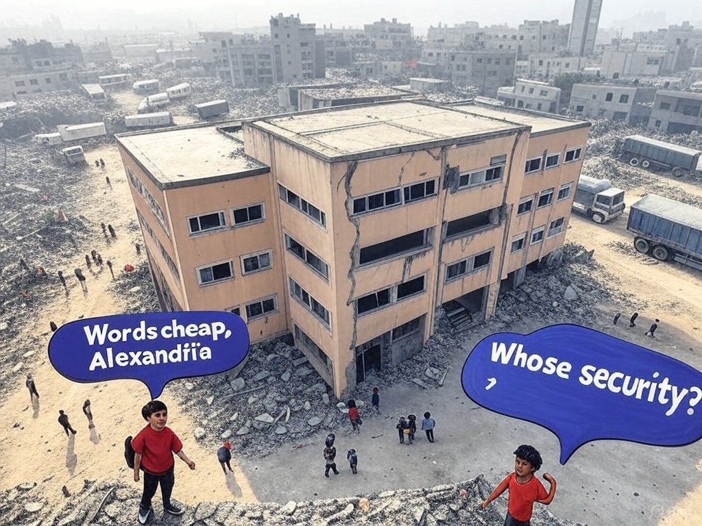 ElectHashmi's tweet photo. @RepAOC Same bombs hit Gaza’s schools. [https://t.co/E7ZJWyTvP4 link] Words cheap, Alexandria. #FreePalestine4/ UN says 600,000 displaced in Gaza this year. Both parties stalled aid trucks for “security.” Whose security? Tag your rep and demand answers. @GOP
 @TheDemocrats
#BothSidesBlow https://t.co/1o4VdYbWUC
