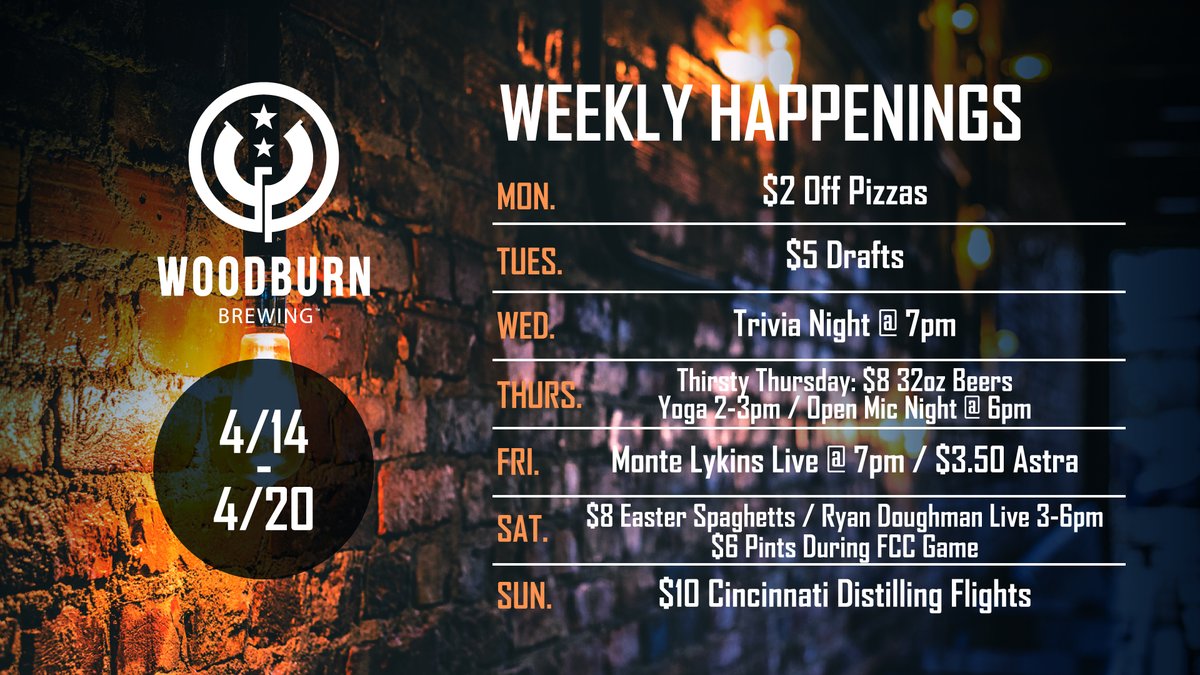 Here's what's going on at Woodburn Brewing this week! Stop in for a bite, a drink and to hang out with friends!