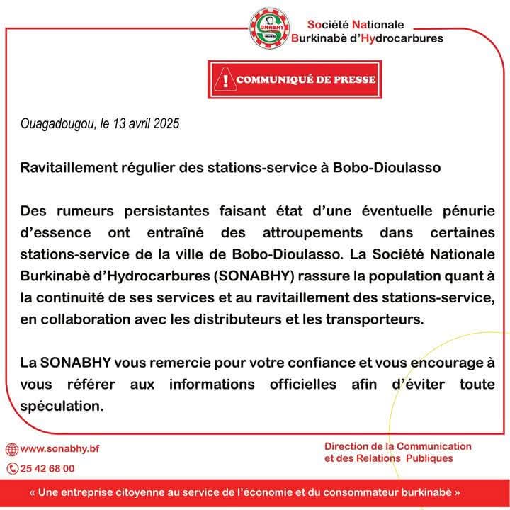 Niger_FactCheck's tweet photo. Burkina : Intox sur une pénurie de carburants à Ouaga et Bobo. La SONABHY rassure de la continuité de ses services et du ravitaillement des stations-service. (Communiqué) #StopFake https://t.co/iRFmHQ3071