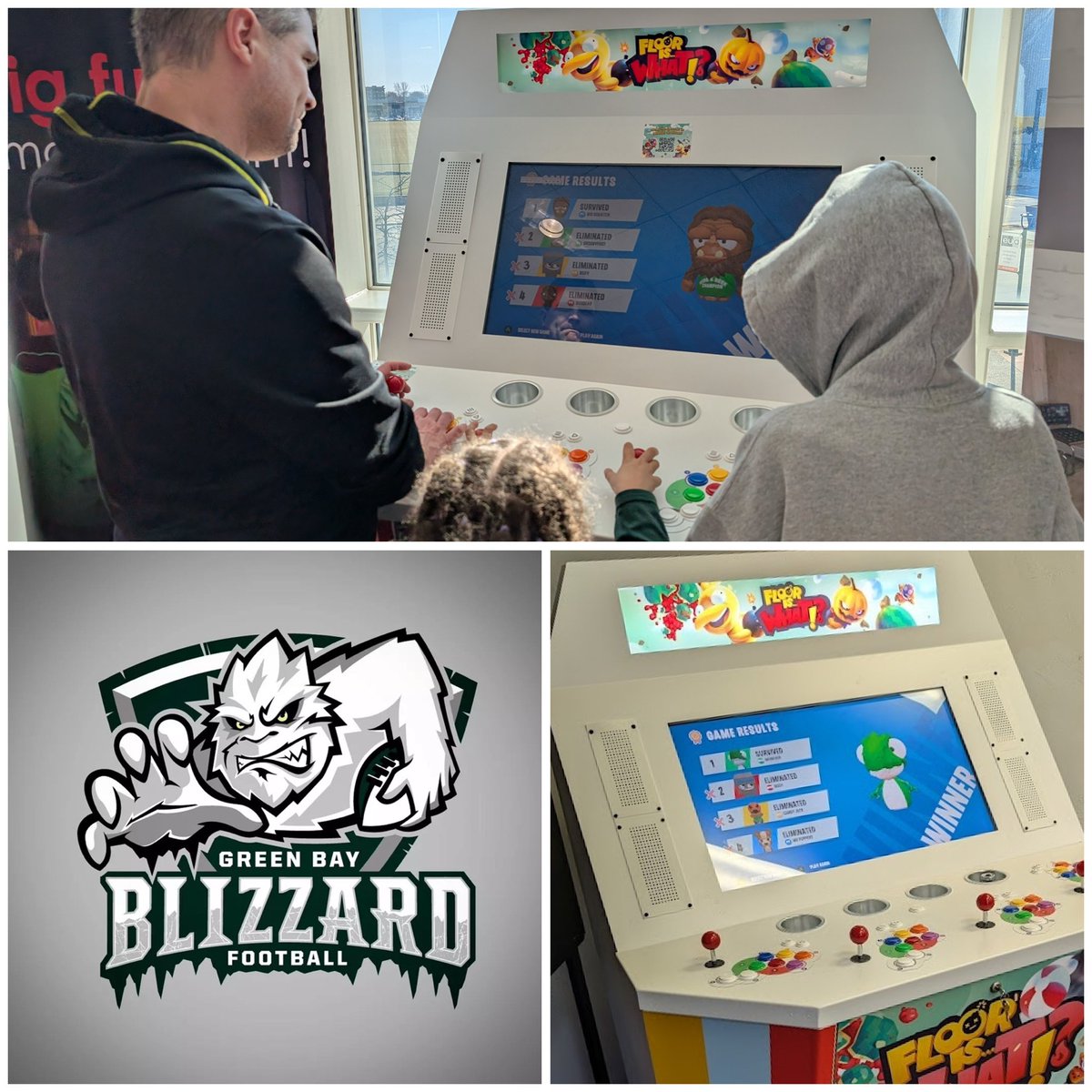Huge thanks to <a href="/gbblizzard/">Green Bay Blizzard</a> for featuring one of our games (Floor is…What!?) during their indoor football family night on Friday! 

Our publisher, <a href="/midwestgamesco/">Midwest Games</a>, is pretty swell for making this four player arcade come together so quickly 🔥