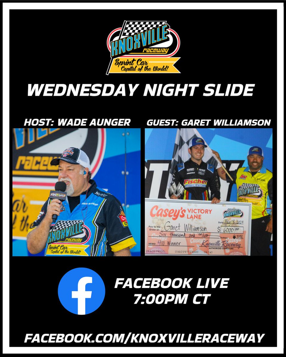 Knoxville Raceway (@knoxvilleraces) on Twitter photo The Wednesday Night Slide with
<a href="/WadeAunger/">Wade Aunger</a> continues this week with <a href="/GaretWilliamson/">Garet Williamson</a>!
Watch it LIVE on our Facebook page in two hours, at 7pm Central! The Wednesday Night Slide with
<a href="/WadeAunger/">Wade Aunger</a> continues this week with <a href="/GaretWilliamson/">Garet Williamson</a>!
Watch it LIVE on our Facebook page in two hours, at 7pm Central!