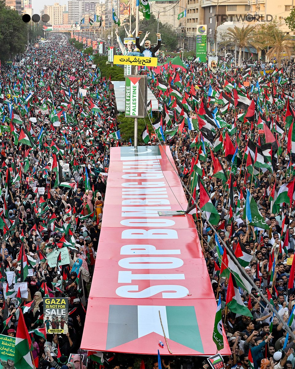 trtworld's tweet photo. Thousands rallied in Karachi, Pakistan, on April 13 to show solidarity with the people of Palestine’s Gaza.

Holding mock bloodied bodies, demonstrators took to the streets to denounce Israel’s ongoing assault on Gaza, which has killed more than 50,000 people over the past 17 months