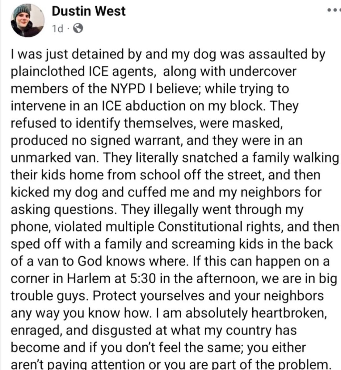 Masked agents.

In unmarked vans.

With no arrest warrants. 

Who refuse to identify themselves.

Black-bagging entire families.

And detaining anyone who tries to stop them.

This isn’t America. It’s a police state.
#OnApril19thWeEndThisNightmare