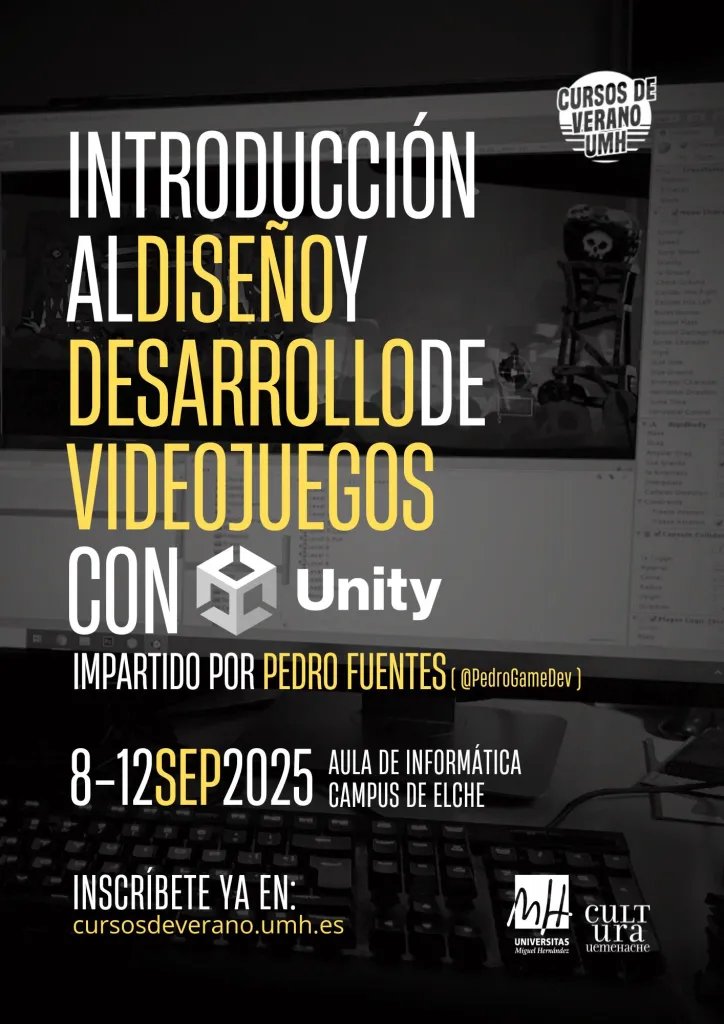 Ojito a este curso de verano sobre Introducción al diseño y desarrollo de #videojuegos con Unity, que imparte <a href="/PedroGameDev/">Pedro Fuentes</a> en <a href="/UniversidadMH/">UMH</a>.

En la web de Pedro encontraréis toda la info, además del enlace a preinscripción y matrícula del curso: pedrogamedev.com/courses/