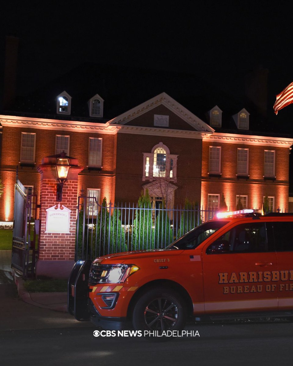 CBSPhiladelphia's tweet photo. New photos show firefighters responding to a fire that broke out at the Governor's Residence in Harrisburg early Sunday morning. Gov. Josh Shapiro says he and his family were evacuated and are safe as officials continue to investigate the fire as arson. https://t.co/V00lbe32XX