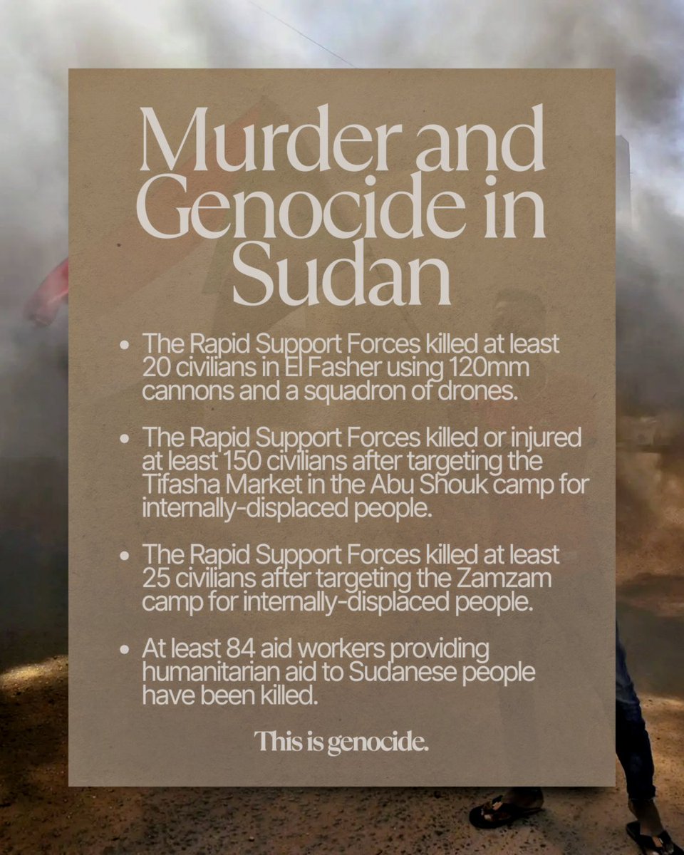 End murder and genocide in #Sudan! 

We call on the U.S., UNSC, African Union, and international community to pressure all warring parties to a ceasefire immediately and impose financial and criminal accountability for all committing genocide. #keepeyesonSudan #eyesonSudan