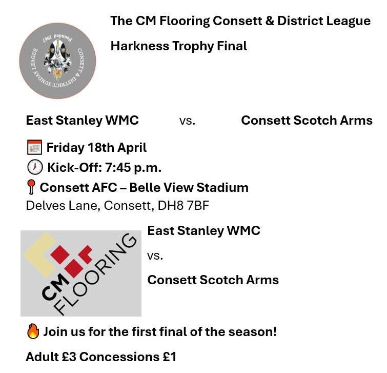 Harkness Cup Final🏆

All the details below for the lads 2nd cup final of the season, this coming Friday. Once again, it would be brilliant to see people coming to show their support for the lads🩶