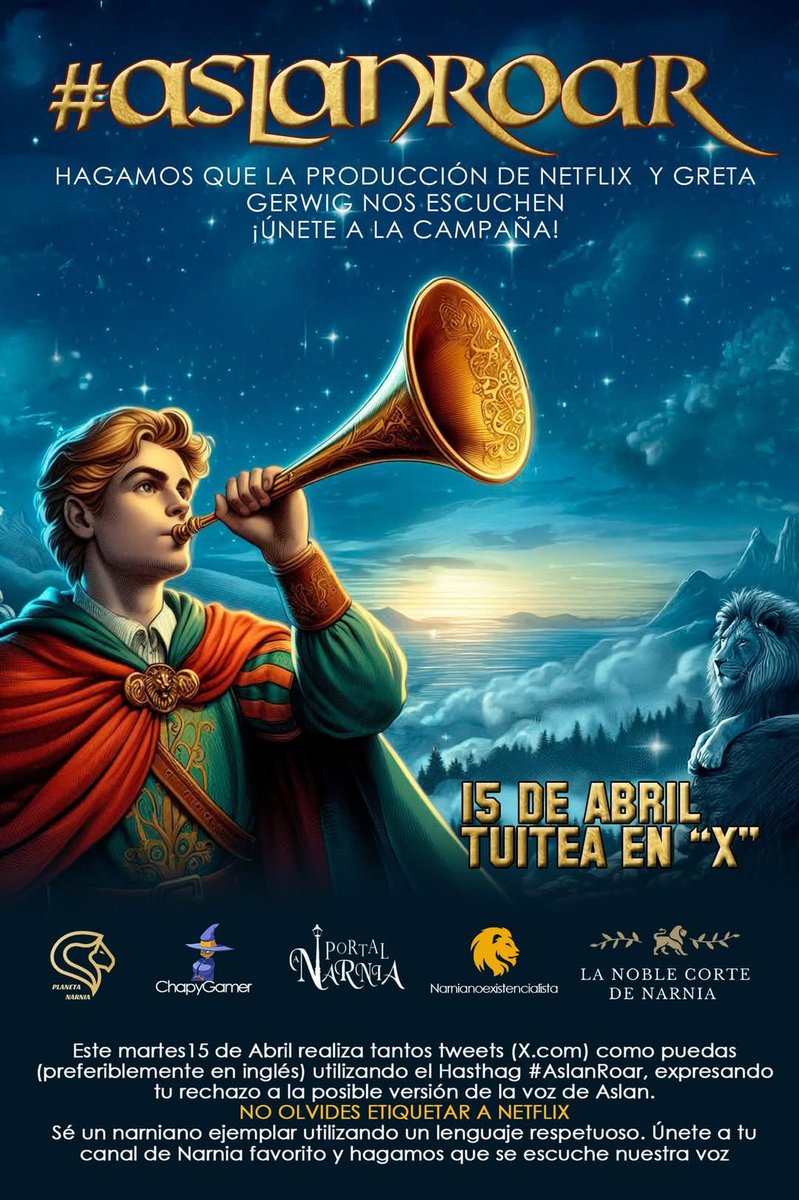 portalanarnia's tweet photo. "¡Únete al rugido! El 15 de abril, participa en nuestra dinámica #AslanRoar en X y deja que tu voz se escuche. ¡Varias páginas se unieron para amplificar el rugido! Sigue rugiendo con nosotros y juntos hagamos que se escuche. 

#Aslanroar https://t.co/VHPcpsSSkm