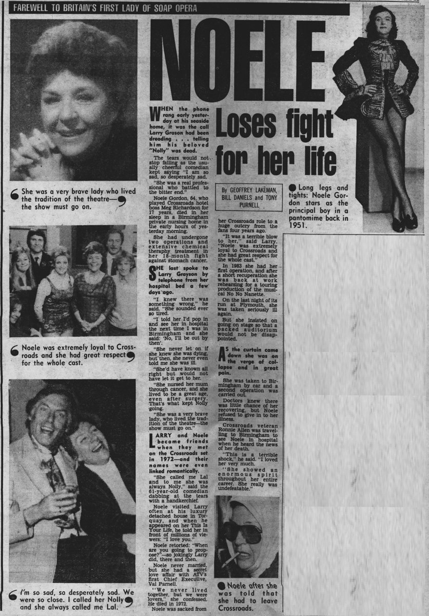 TvDidYouSee's tweet image. #OnThisDay 14 April 1985 - #NoeleGordon passed away. Here's the tribute from the following day's Mirror: NOELE LOSES HER FIGHT FOR LIFE
When the phone rang at his seaside home, it was the call #LarryGrayson had been dreading - telling him his beloved 'Nolly' was dead . . .