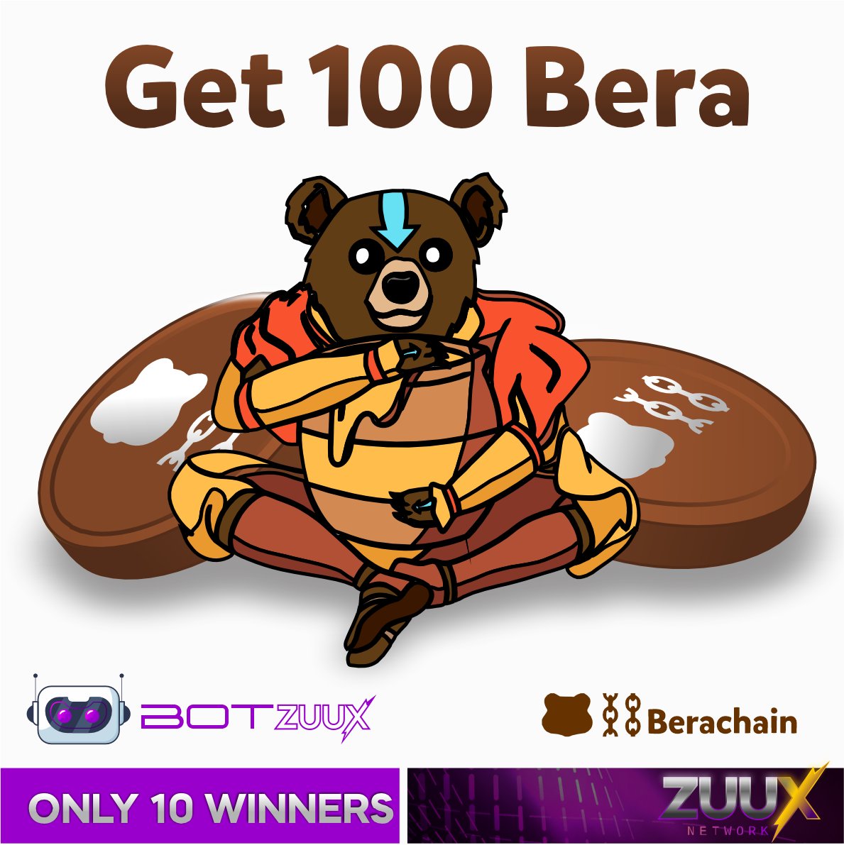 Flash Giveaway! ⚡️ Win 100 Bera with Bot ZUUX and Berachain Network. Only 10 lucky winners. Enter now and may luck be on your side! 🐻🍯 #Giveaway #Bera #Berachain #BotZUUX #Crypto