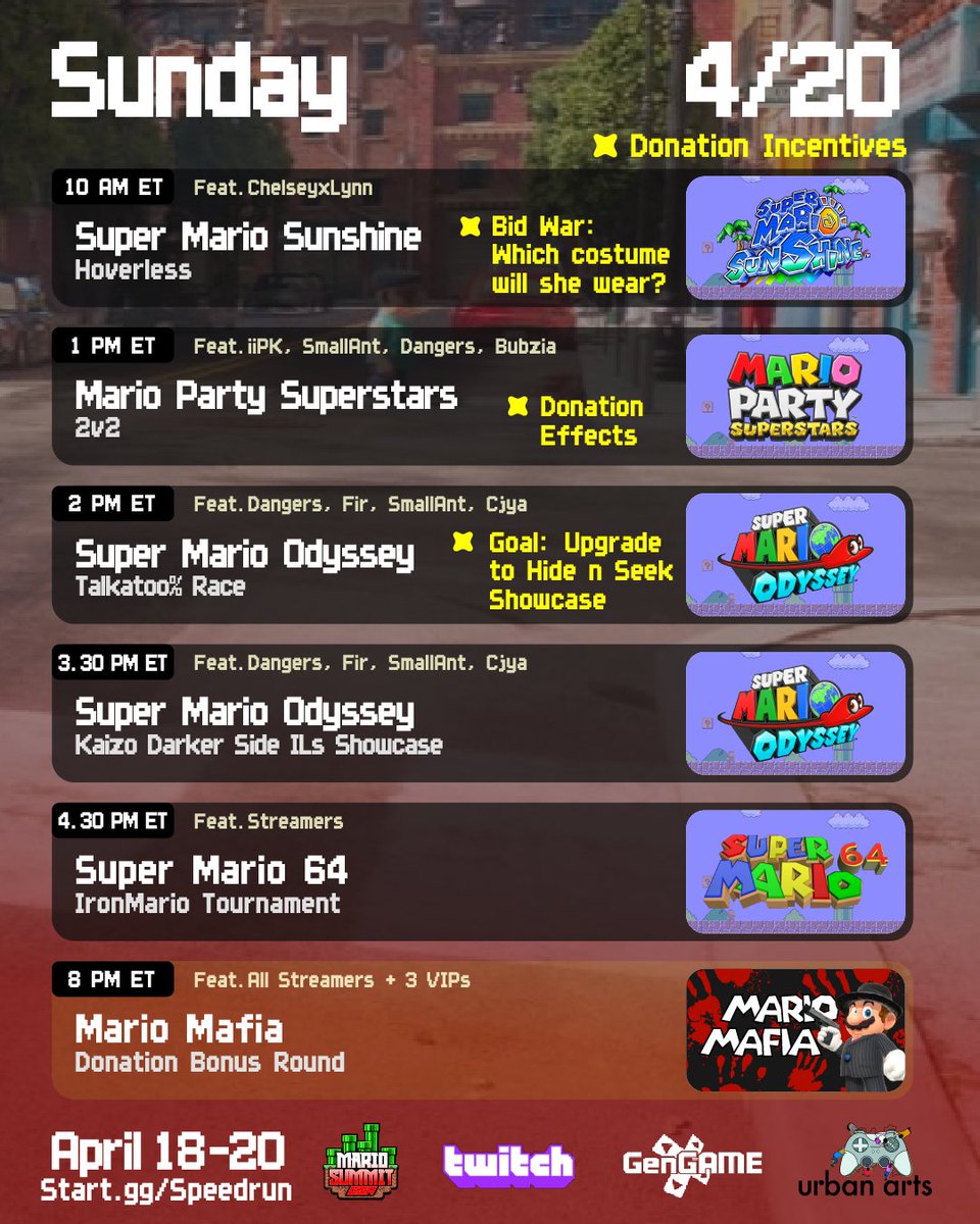 Schedule for Day 3 of Mario Summit ✨

📍 Urban Arts - New York City
🎟️ Tickets: start.gg/Speedrun