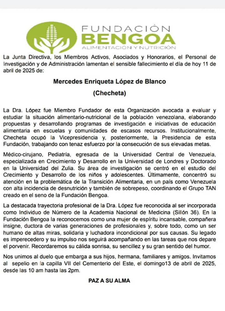 Muy triste con la partida de la Dra Mercedes López de Blanco nuestra querida Checheta. En <a href="/FUNDACIONBENGOA/">Fundación BENGOA</a> estamos de luto. Te vamos a extrañar Checheta