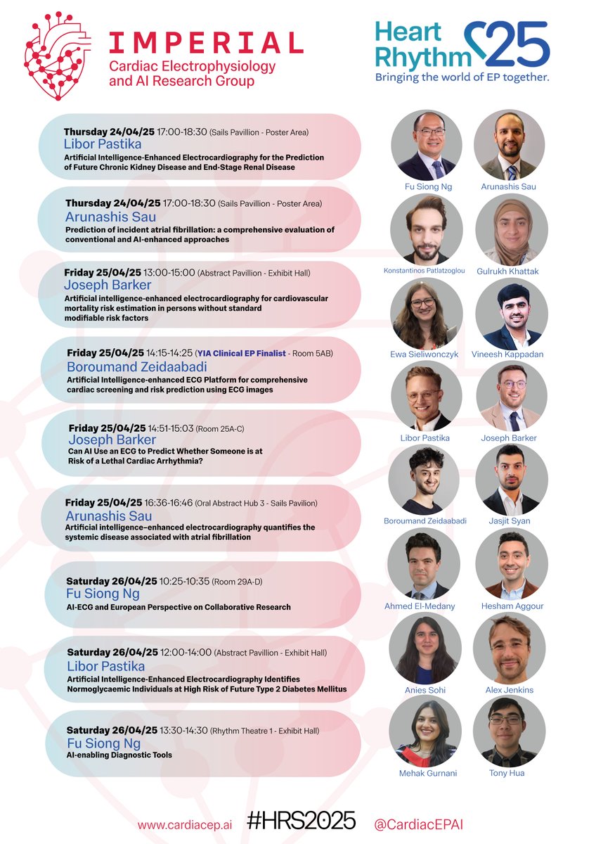 Fu Siong Ng (@drfusiongng) on Twitter photo Looking forward to <a href="/HRSonline/">Heart Rhythm Society</a> #HRS2025 in San Diego.
Good turnout from the <a href="/CardiacEPAI/">Imperial CardiacEP.AI</a> team: 5 talks + 4 posters, including a Young Investigator Award Finalist. Come to our sessions if you can make it.
<a href="/arunsau_/">Arun Sau</a> <a href="/LiborPastika/">Libor Pastika</a> <a href="/jobrkr/">Joseph Barker</a> <a href="/BZeidaabadi/">Boroumand Zeidaabadi</a> <a href="/KPatlatzoglou/">Konstantinos Patlatzoglou</a> <a href="/ImperialNHLI/">NHLI</a> Looking forward to <a href="/HRSonline/">Heart Rhythm Society</a> #HRS2025 in San Diego.
Good turnout from the <a href="/CardiacEPAI/">Imperial CardiacEP.AI</a> team: 5 talks + 4 posters, including a Young Investigator Award Finalist. Come to our sessions if you can make it.
<a href="/arunsau_/">Arun Sau</a> <a href="/LiborPastika/">Libor Pastika</a> <a href="/jobrkr/">Joseph Barker</a> <a href="/BZeidaabadi/">Boroumand Zeidaabadi</a> <a href="/KPatlatzoglou/">Konstantinos Patlatzoglou</a> <a href="/ImperialNHLI/">NHLI</a>