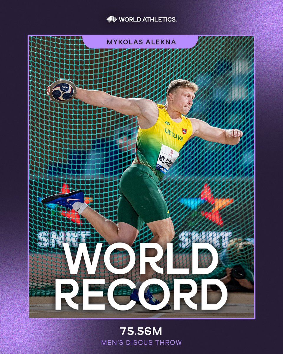 HE’S DONE IT AGAIN…TWICE 😳

🇱🇹's Mykolas Alekna smashes his own discus world record twice at the Oklahoma Throws Series World Invitational with a final throw of 75.56m 🔥

🇦🇺's Matt Denny takes 2nd with 74.78m — a mark that would’ve broken the previous WR 👀

#ContinentalTour