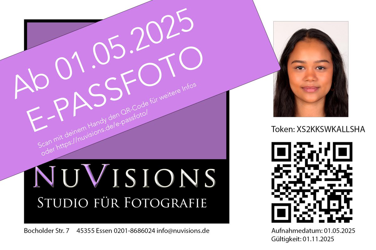 nuvisi's tweet photo. Das E-Passfoto: 01.05.2025 ist es soweit. Das #Passfoto wird vom Fotografen in der HochsicherheitsCloud gespeichert und der Kunde bekommt vom Fotografen einen QR Code fürs #Bürgeramt #Essen #epassfoto https://t.co/vCtSCisoYZ