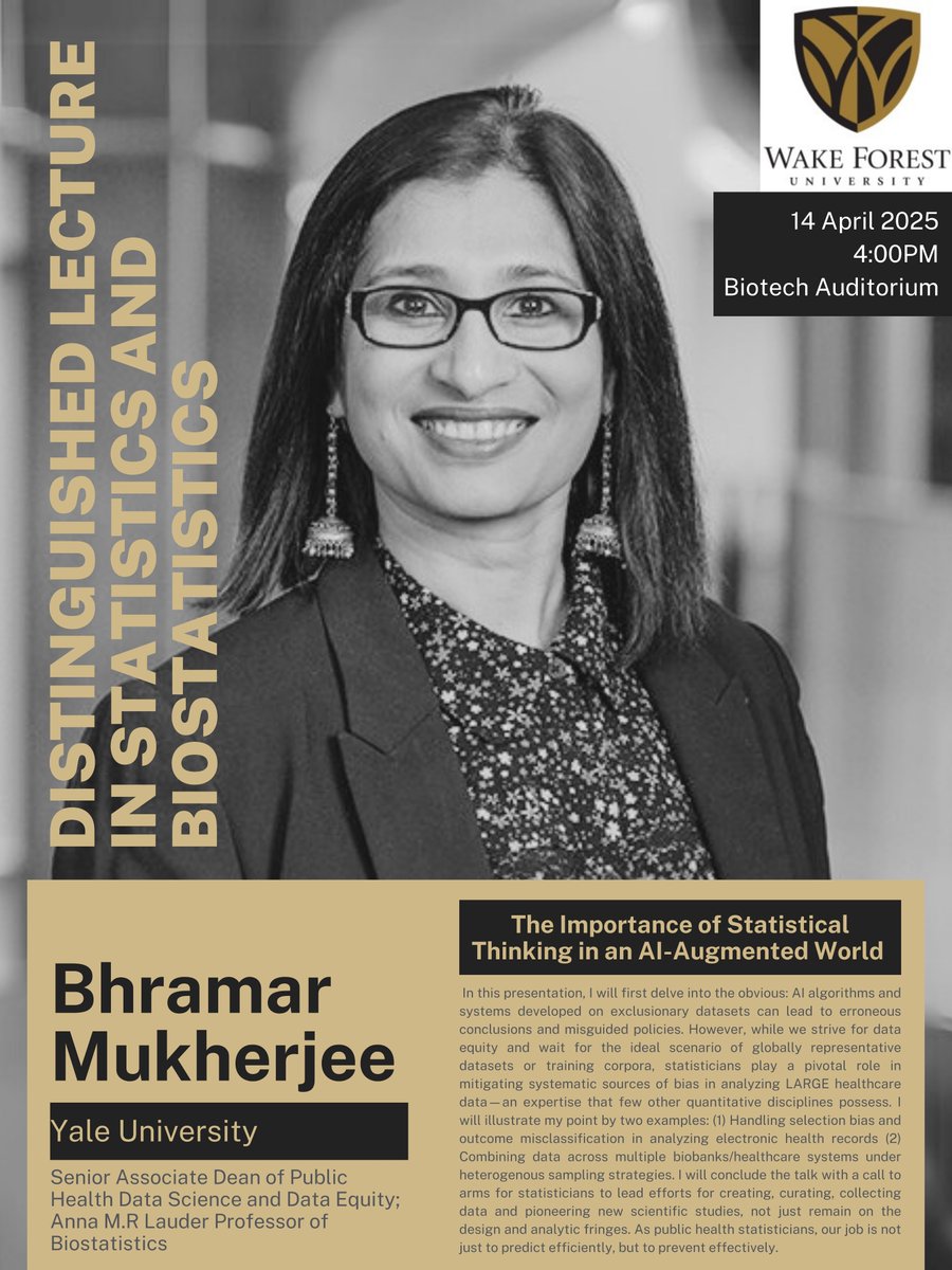 Wake Forest Stats (@wakeforeststats) on Twitter photo 👏 We are so excited to welcome <a href="/BhramarBioStat/">Bhramar Mukherjee</a> to <a href="/WakeForest/">Wake Forest University</a>/<a href="/wakeforestmed/">Wake Forest University School of Medicine</a> this week for our 3rd Annual Distinguished Lectureship in Statistics and Biostatistics! Faculty and students can't wait to hear about "The Importance of Statistical Thinking in an AI-Augmented World." 👏 We are so excited to welcome <a href="/BhramarBioStat/">Bhramar Mukherjee</a> to <a href="/WakeForest/">Wake Forest University</a>/<a href="/wakeforestmed/">Wake Forest University School of Medicine</a> this week for our 3rd Annual Distinguished Lectureship in Statistics and Biostatistics! Faculty and students can't wait to hear about "The Importance of Statistical Thinking in an AI-Augmented World."