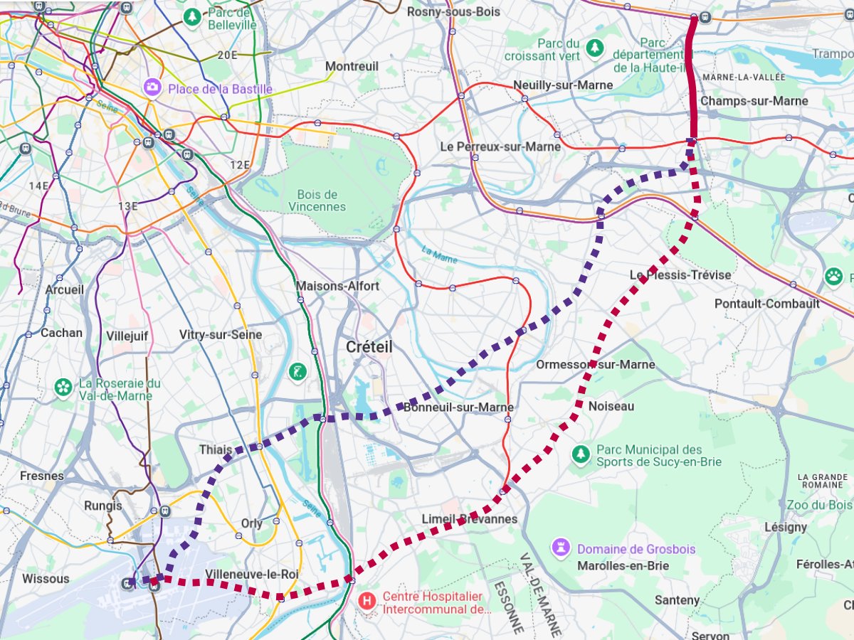 Bouclage du #GrandParisExpress avec prolongement de la #Ligne16 au sud-ouest et correspondances : 
▪️#RERE Branche Tournan 
▪️#RERA Branche Boissy-Saint-Léger
▪️#RERD
▪️#RERC
▪️#Ligne 14 à Orly 
🔹#Ligne8 pour l’une des variantes
Quelle variante préférez-vous ?