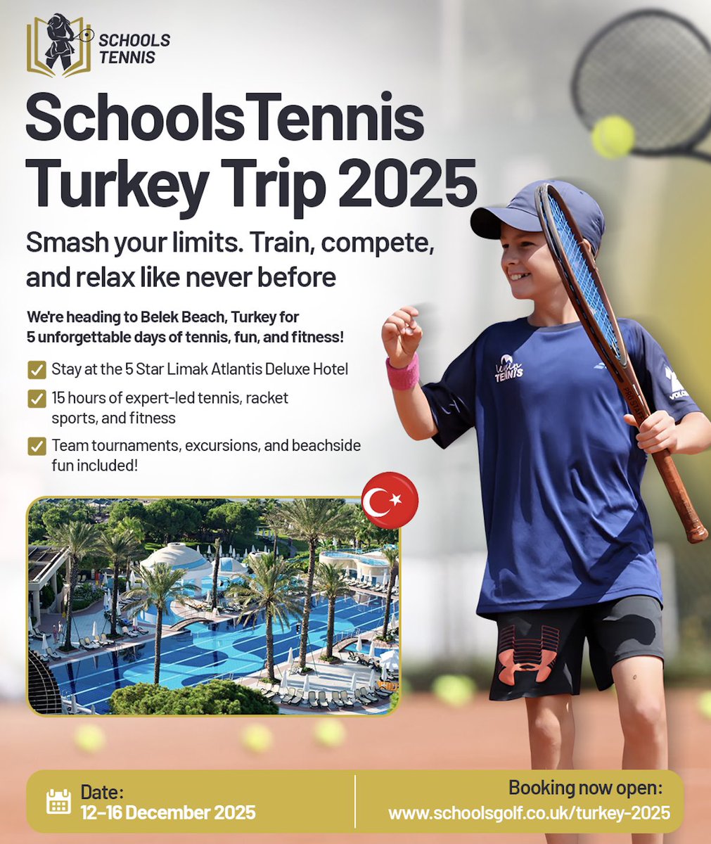🚨 After the huge success of Portugal 2024, we’re heading to TURKEY this December! 🇹🇷🎾⛳️
🏨 5⭐️ all-inclusive
📍 Belek Beach, 12–16 Dec 2025
🎯 Tennis + Golf tournament trip
🌙 Night golf, prizes, practice
🍽 All meals + private transfers
💪 Activities, fun &amp; development!