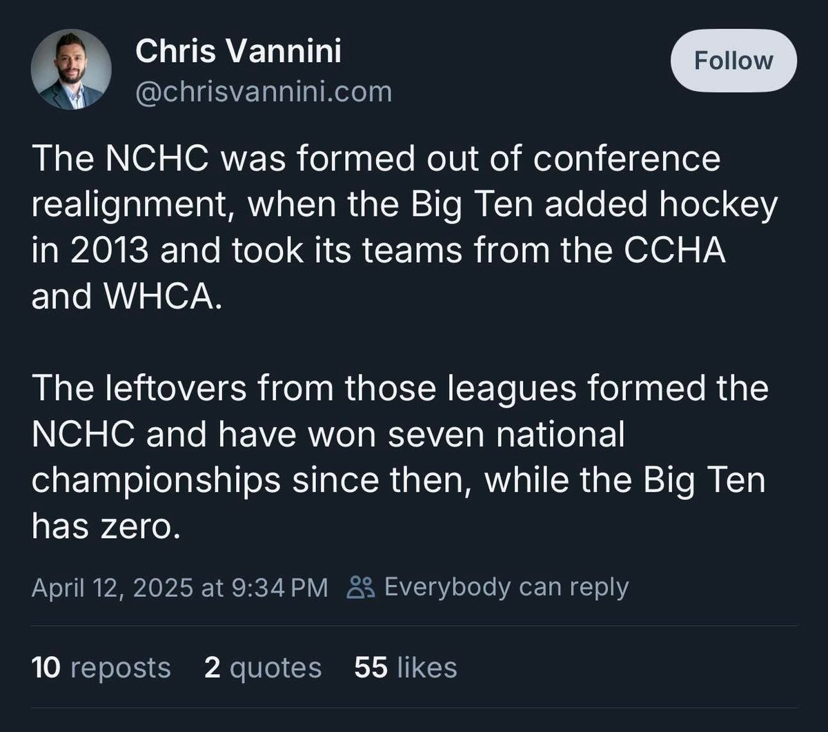 dafinstad's tweet photo. The NCHC punching above its weight class. https://t.co/SWvX70SwW3