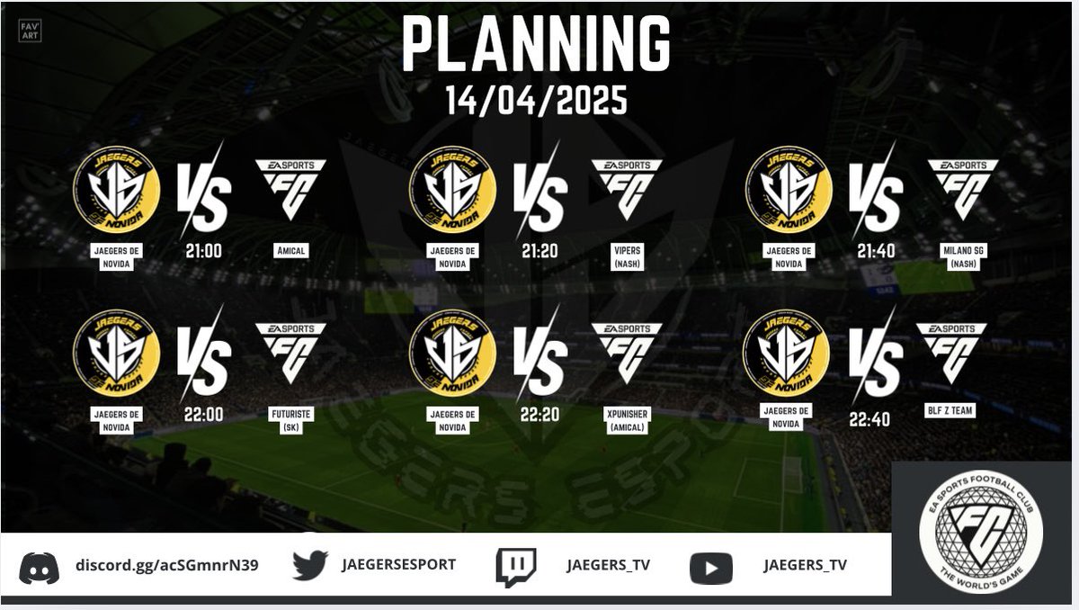 Jaegers De Novida (@jaegersdenovida) on Twitter photo Voici Notre programme de demain soir.
Nous avons une grosse session il faut récolter un maximum de points.
<a href="/JaegersEsport/">Jaegers Esport</a> <a href="/easportsfcfr/">EA SPORTS FC France</a> Voici Notre programme de demain soir.
Nous avons une grosse session il faut récolter un maximum de points.
<a href="/JaegersEsport/">Jaegers Esport</a> <a href="/easportsfcfr/">EA SPORTS FC France</a>