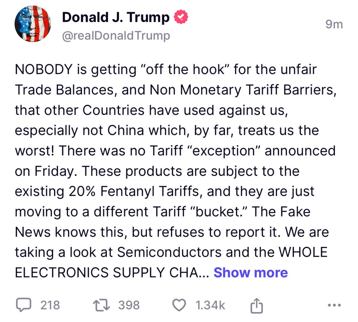BREAKING

Trump just clarified: semiconductors, computers, and smartphones are moving into a new 20% tariff bucket, not exempt, just reclassified. That’s steep, but still far below the 145%+ tariffs some smaller importers face.

Still very bullish on AAPL, NVDA, TSMC. They’ve got