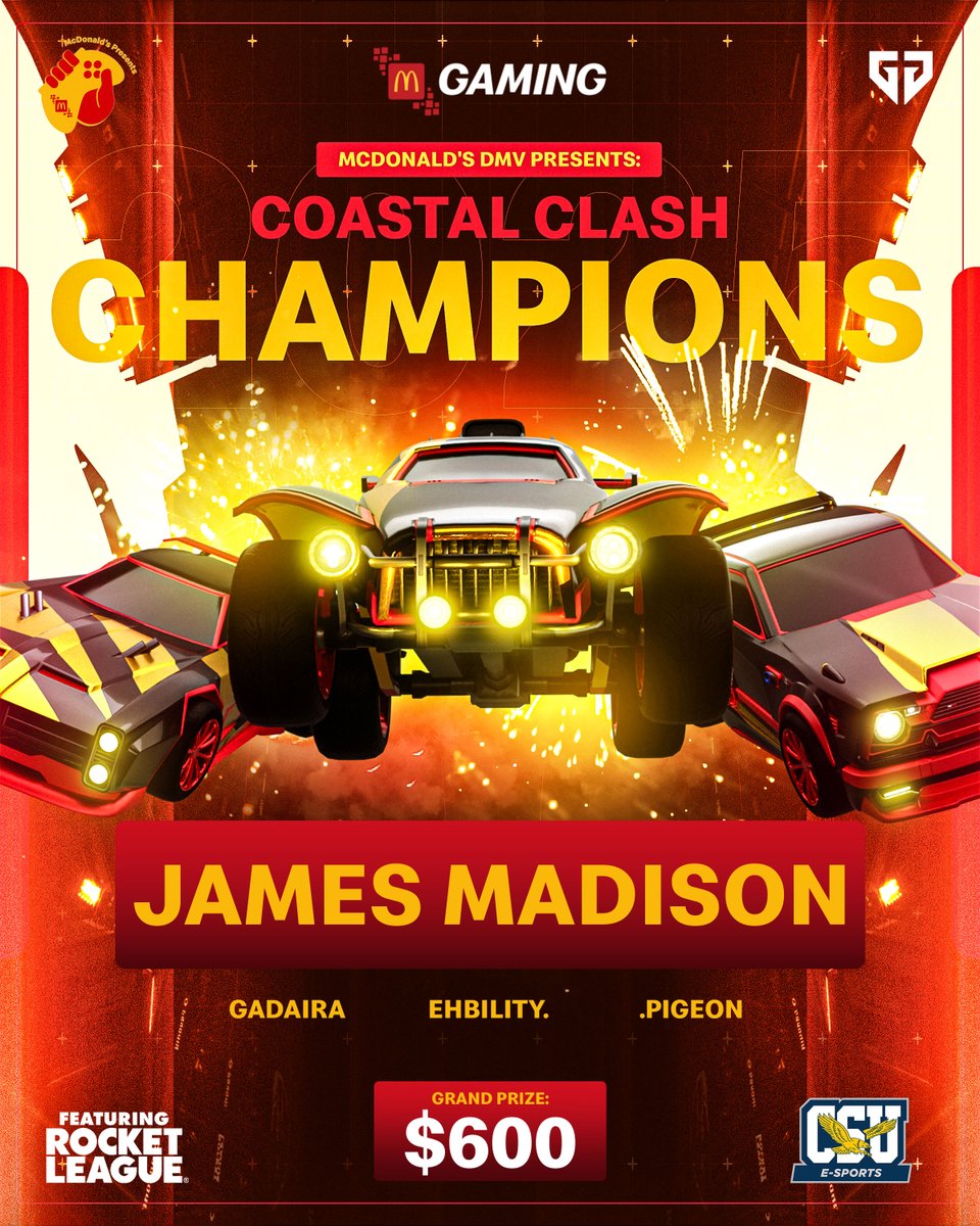 Gen.G Esports (@geng) on Twitter photo Congratulations to our <a href="/McDonalds/">McDonald's</a> DMV Presents: Coastal Clash ft. <a href="/RocketLeague/">Rocket League</a> CHAMPIONS! ππ
π James Madison <a href="/JMU_Esports/">JMU Esports</a> π
π₯ <a href="/lgadaira/">SP8 Gad.</a>
π₯ <a href="/P1ge0n_RL/">100X Diego.</a>
π₯ <a href="/ehbility/">ehbility.</a>
Thanks to all the teams who participated, we hope to see you at the next! #McDonalds #McDonaldsxGenG Congratulations to our <a href="/McDonalds/">McDonald's</a> DMV Presents: Coastal Clash ft. <a href="/RocketLeague/">Rocket League</a> CHAMPIONS! ππ
π James Madison <a href="/JMU_Esports/">JMU Esports</a> π
π₯ <a href="/lgadaira/">SP8 Gad.</a>
π₯ <a href="/P1ge0n_RL/">100X Diego.</a>
π₯ <a href="/ehbility/">ehbility.</a>
Thanks to all the teams who participated, we hope to see you at the next! #McDonalds #McDonaldsxGenG