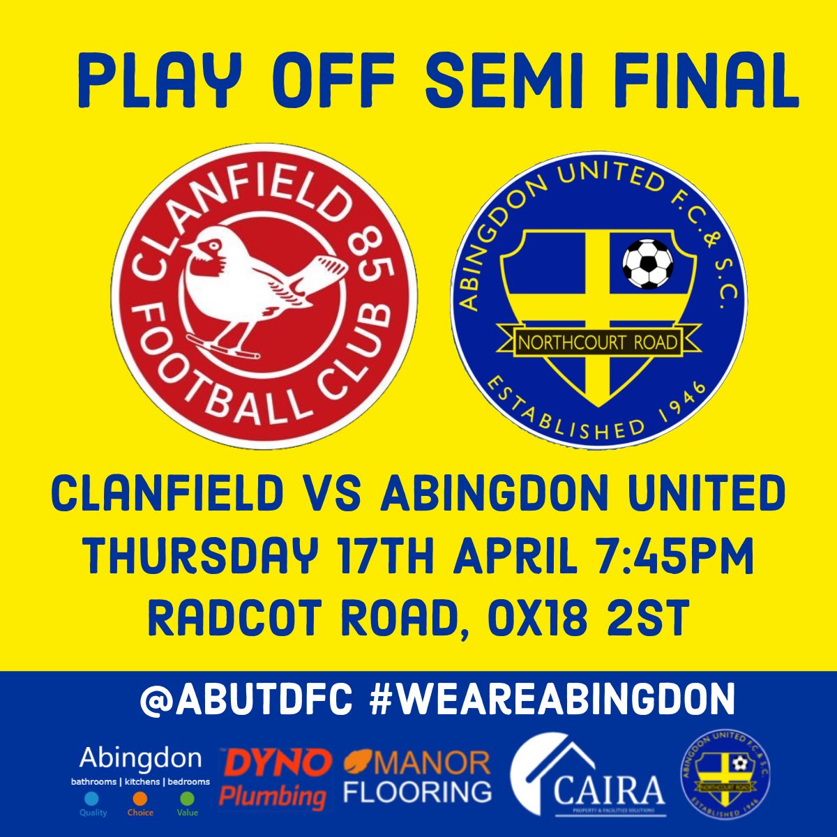 Abingdon United FC Official (@abutdfc) on Twitter photo ๐๐ฅ๐๐ฒ ๐๐๐ ๐๐๐ฆ๐ข ๐
๐ข๐ง๐๐ฅ ๐๐ก๐ฎ๐ซ๐ฌ๐๐๐ฒ โผ๏ธโผ๏ธ
Our <a href="/HellenicLeague/">Hellenic League</a> Division 1 Play Off Semi Final at <a href="/clannyfc/">Clanfield 85 F.C.</a> will take place on Thursday Night (7:45pm)
Spread the word to all your friends & family and letโs take plenty of Yellows over there! ๐ก๐ต ๐๐ฅ๐๐ฒ ๐๐๐ ๐๐๐ฆ๐ข ๐
๐ข๐ง๐๐ฅ ๐๐ก๐ฎ๐ซ๐ฌ๐๐๐ฒ โผ๏ธโผ๏ธ
Our <a href="/HellenicLeague/">Hellenic League</a> Division 1 Play Off Semi Final at <a href="/clannyfc/">Clanfield 85 F.C.</a> will take place on Thursday Night (7:45pm)
Spread the word to all your friends & family and letโs take plenty of Yellows over there! ๐ก๐ต