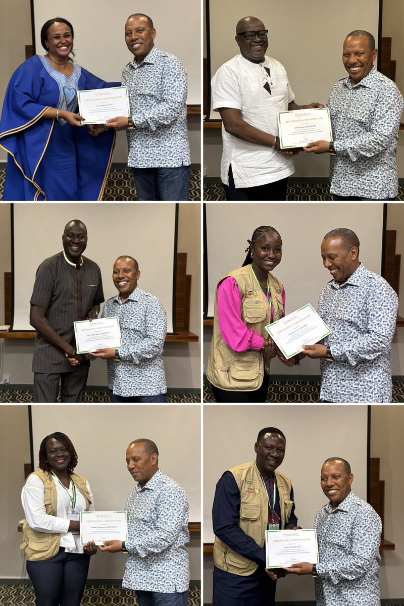 H.E. <a href="/TrovoadaPatrice/">Patrice Trovoada</a>, Head of the #AUEOM to the 12th April 2025 Presidential Elections in #Gabon, and the #AU election observers met for the mission's debriefing session and to share their findings from observing the elections across the country.  He delivered certificates 1/2