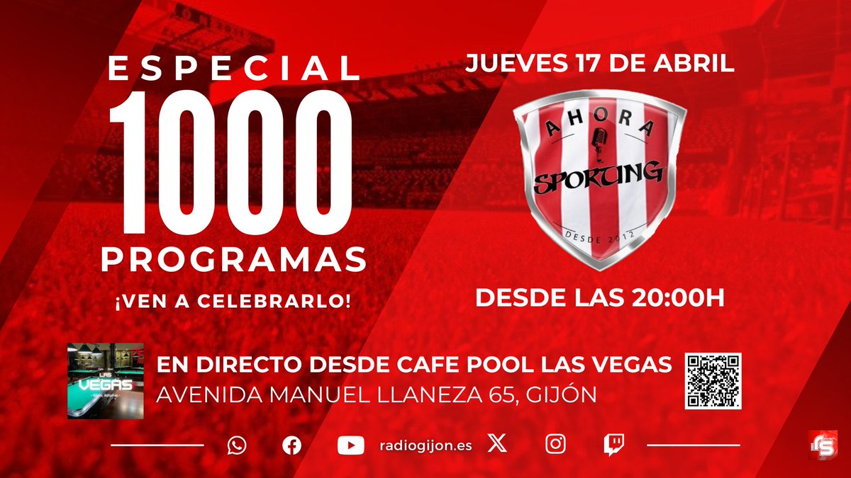⚠️ESTE JUEVES⚠️
❗️EN DIRECTO
🕗 Desde las 20.00h
🎙️ Especial #AhoraSporting1000
📍 Desde CafePool LasVegas | Avenida Manuel Llaneza 65, Gijon
📲WhatsApp 675 722 985
🌐 radiogijon.es
🌐 radiosporting.es
🎉Ven a celebrarlo con nosotros
#futbol #football #soccer