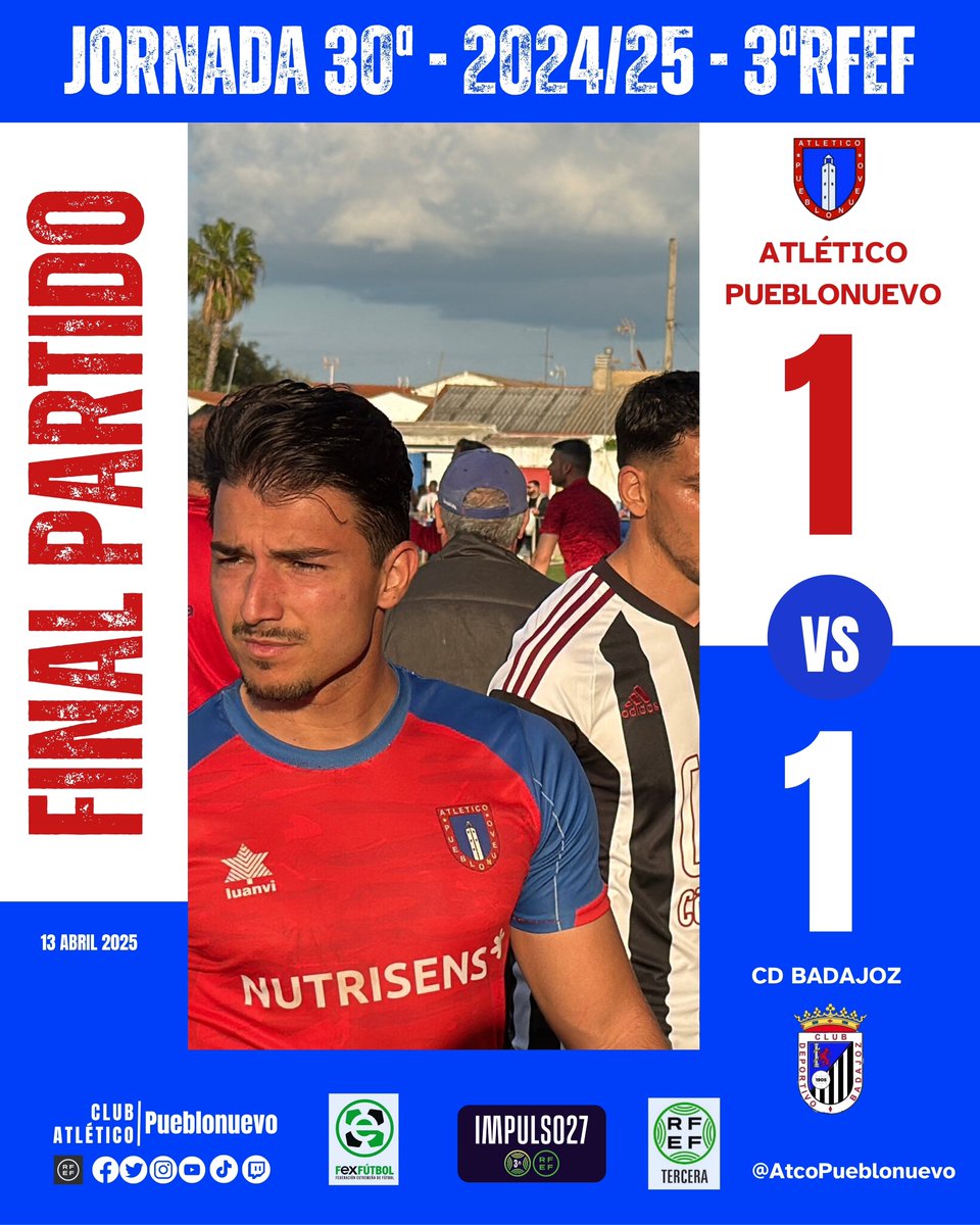 🙌Gran punto ante un grande de nuestra competición.
Orgullosos del esfuerzo y entrega de todo el equipo. Habéis demostrado una vez más que podemos hacer posible lo imposible.
Esto es el Pueblonuevo.❤️💙
Importante, seguimos sumando, y a un paso más cerca de nuestro objetivo.💪