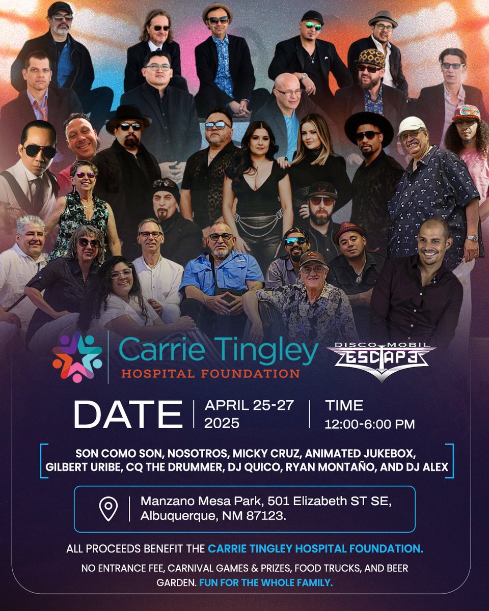 🎶 Get Ready for an Unforgettable Weekend! 🎶
Join us at the Carrie Tingley Hospital Foundation Pickleball Palooza from April 25-27 at Manzano Mesa Park, 501 Elizabeth St SE, Albuquerque, NM 87123. No admission fee!
Experience New Mexico's greatest musical artists coming together