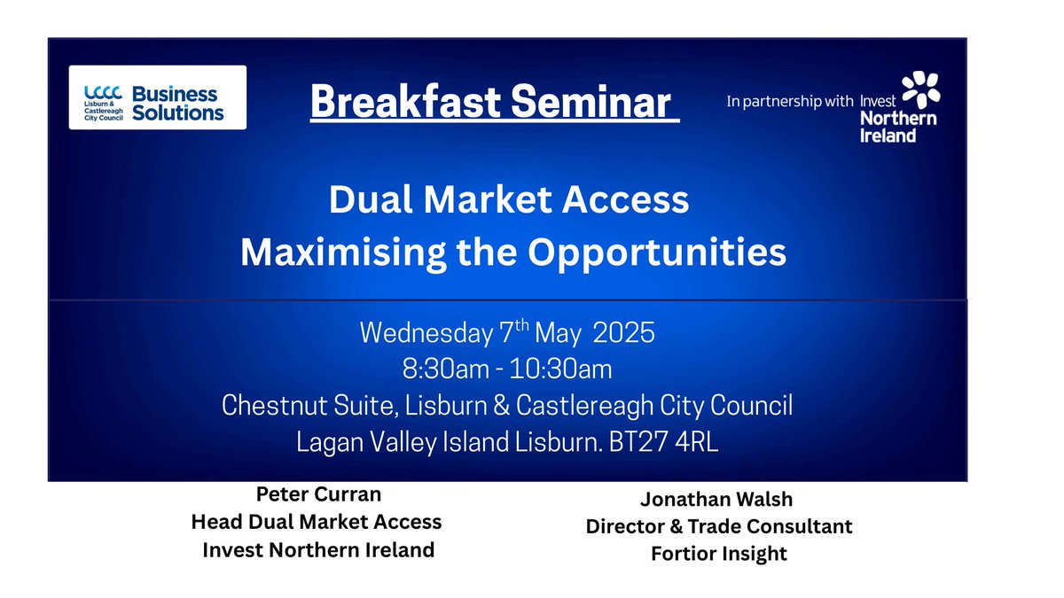 Lisburn &amp; Castlereagh City Council in partnership with Invest NI presents Navigating Dual Market Access breakfast seminar. Discover how your business can navigate the new trade arrangements and key regulations and make the most of this distinctive position bit.ly/42d2l11