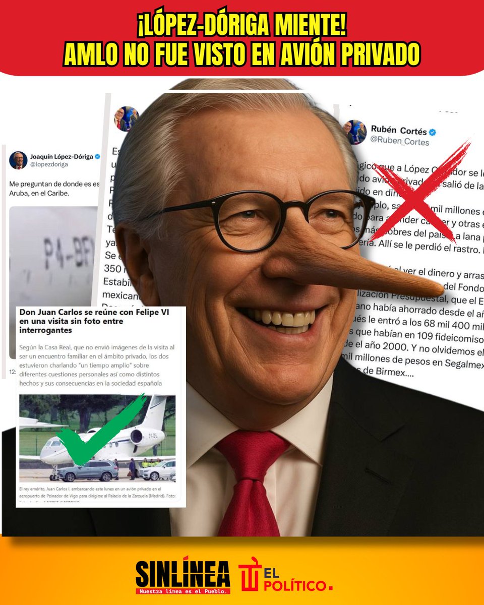 SinLinea_Mx's tweet image. Alerta de #NoticiaFalsa ‼️

Otra vez #LópezDóriga (@lopezdoriga) queda como mentiroso.

Es falso que vieron al presidente #AMLO (@lopezobrador_) abordando un avión privado.

Se trata de una imagen del Rey Juan Carlos del año 2022.
