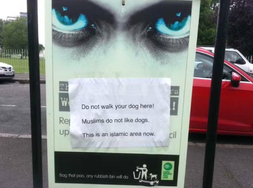 These anti-dog flyers are becoming increasingly more common across London and the UK.

Dogs are considered ‘haram’ in Islam.