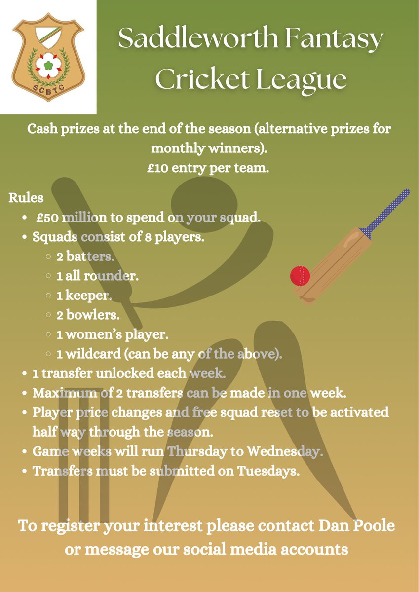 New for 2025: Saddleworth CC Fantasy Cricket League!
£10 entry, prizes to be won.
Pick your dream 8-player squad with a £50m budget. Weekly transfers, mid-season reset.
Enter here: forms.gle/wRDgxZpHkypACQ…