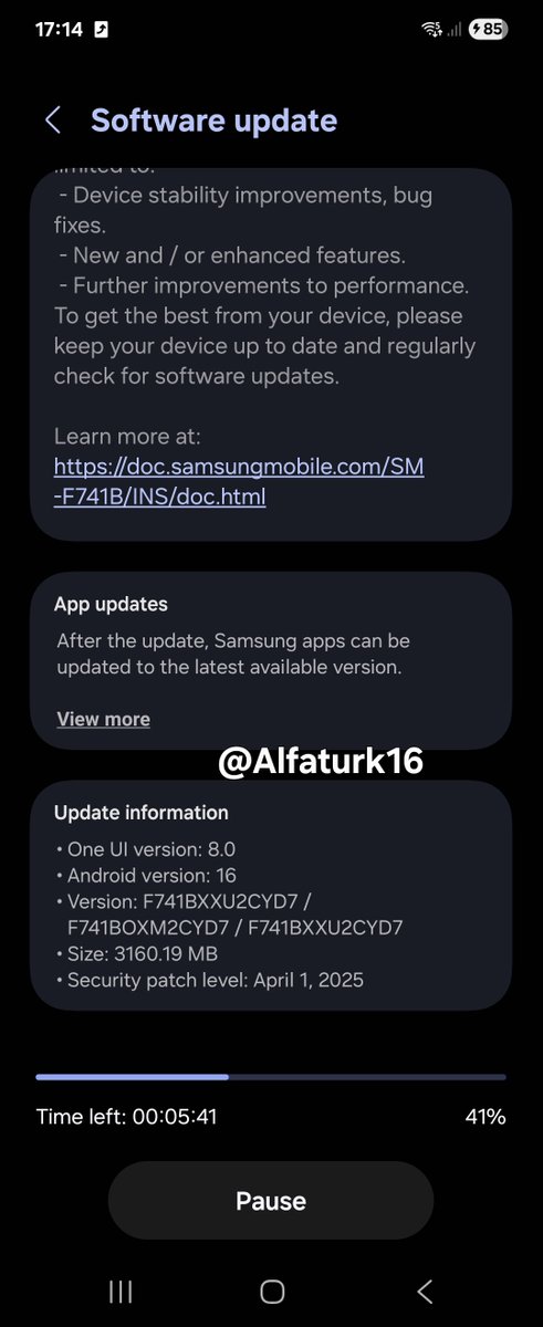 Alfaturk16's tweet photo. Flip6 One UI 8.0 First leak‼️‼️
Build: F741BXXU2CYD7/
F741BOXM2CYD7 / F741BXXU2CYD7
The device is currently under development
#Oneuı8 #ZFlip6 #uptade #Samsung #OneUI https://t.co/0Nl7zhwrwI