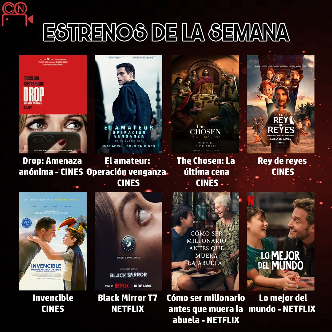 cinenumeros's tweet photo. Amenazas telefónicas, Rami Malek en modo espía, historias religiosas y relatos que conmoverán hasta al más duro de corazón. ¿Qué estreno verás este fin de semana? 🍿🔥

#Drop #TheAmateur #TheChosen #BlackMirror #G20 #TheLastofUs https://t.co/6Za4LHYHsh