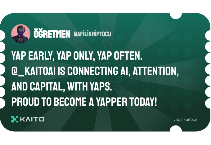 Yap early, yap only, yap often.

<a href="/KaitoAI/">Kaito AI 🌊</a> is connecting AI, attention and capital with Yaps.

Just claimed my social card and I'm accumulating Yap points in real-time.

Claim yours 👉 yaps.kaito.ai/referral/13657…