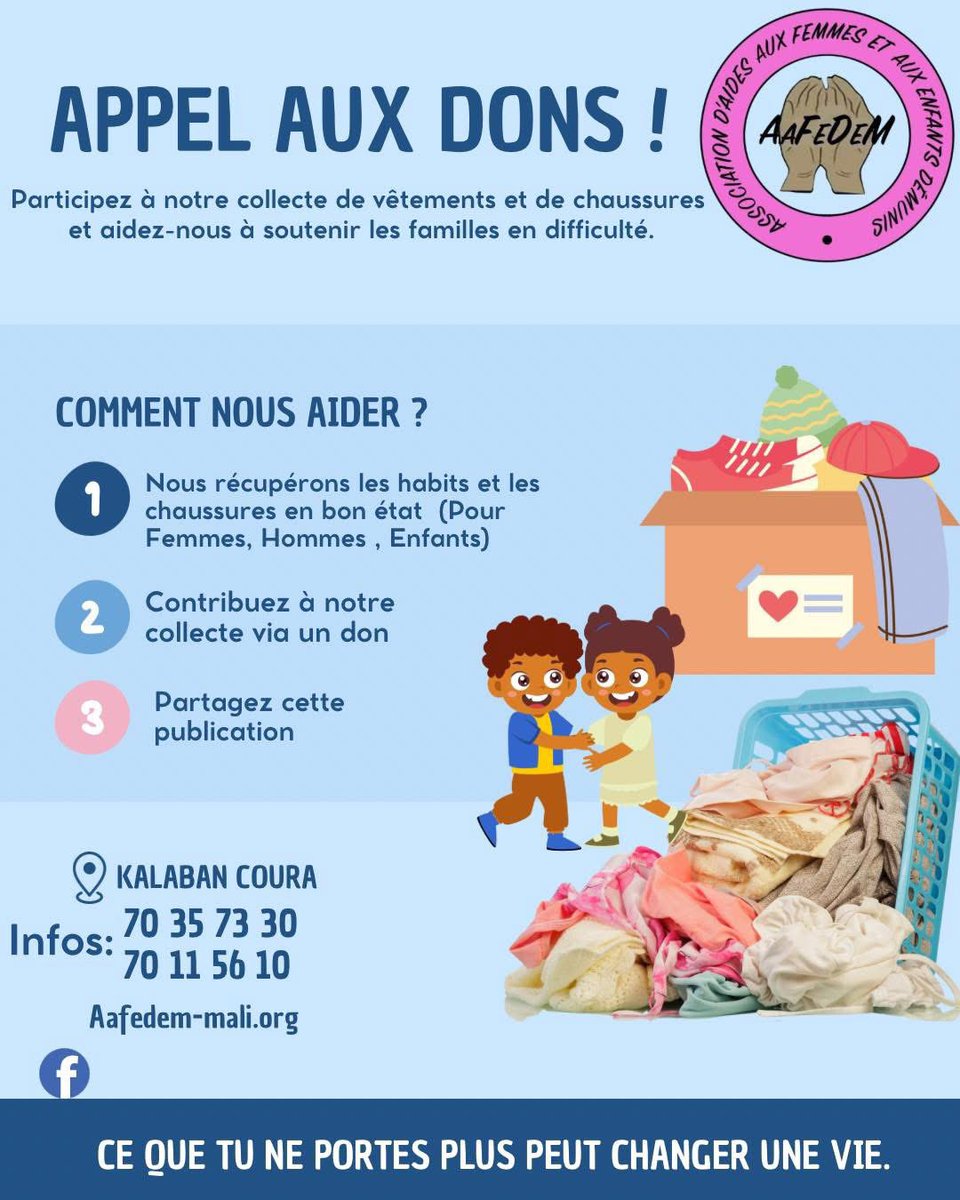 AAFEDEM1's tweet photo. Avez vous des affaires ( habits , chaussures, jouets ….) que vous n’utilisez plus ? Vous ne savez plus quoi en faire ? 
Ça tombe bien l’AAFEDEM les récupères jusqu’à votre domicile, et nous les donnons aux orphelins, aux femmes en détresses et enfants dans le besoin.#dons. https://t.co/hnQIDZR17s
