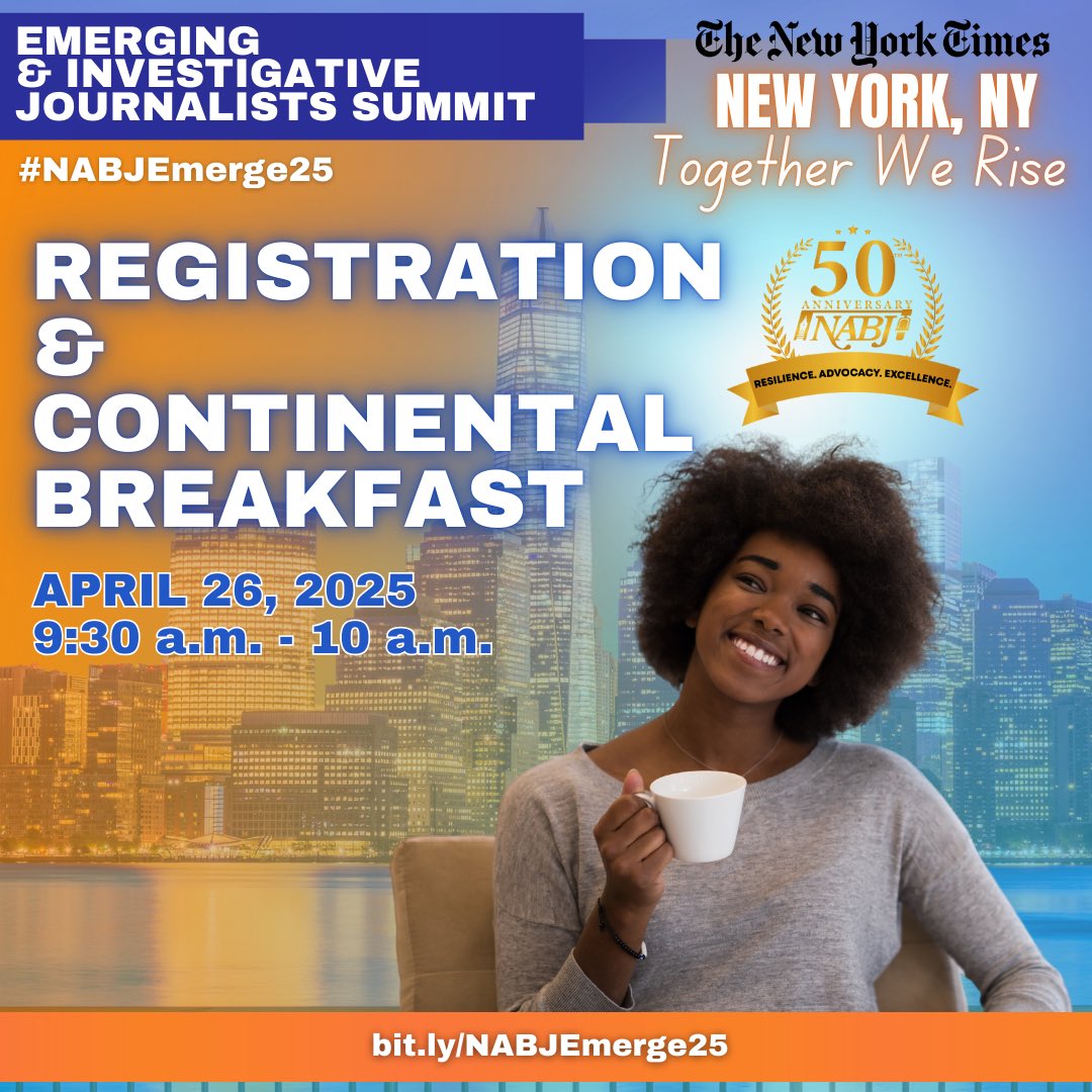 NABJYBJ's tweet image. Registration is still open for #NABJEmerge25!
Connect with members of @NABJ’s YBJ + Investigative Task Forces, all at The New York Times HQ on April 26.
Don’t miss it — secure your spot now: nabjonline.org/event/2025emer