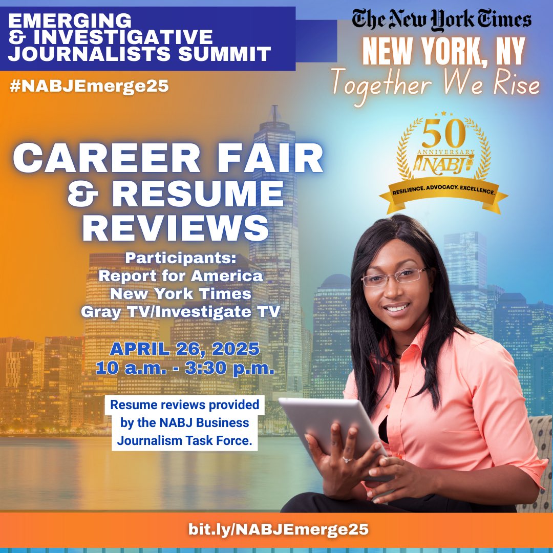 NABJYBJ's tweet image. Registration is still open for #NABJEmerge25!
Connect with members of @NABJ’s YBJ + Investigative Task Forces, all at The New York Times HQ on April 26.
Don’t miss it — secure your spot now: nabjonline.org/event/2025emer