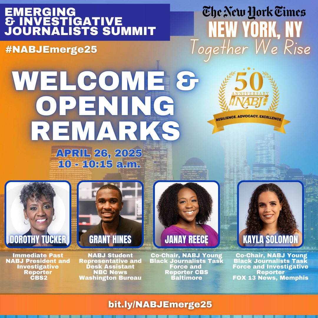 NABJYBJ's tweet image. Registration is still open for #NABJEmerge25!
Connect with members of @NABJ’s YBJ + Investigative Task Forces, all at The New York Times HQ on April 26.
Don’t miss it — secure your spot now: nabjonline.org/event/2025emer