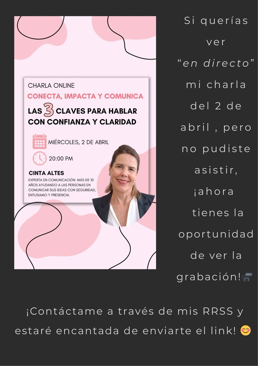 Hola! 😊

Si querías ver “en directo” mi charla del 2 de abril , pero no pudiste asistir, ¡ahora tienes la oportunidad de ver la grabación!📹

 ¡Contáctame a través de mis RRSS y estaré encantada de enviarte el link! 😊

Con cariño. 🥰
Cinta

#ComunicacionOral  #charlaonline
