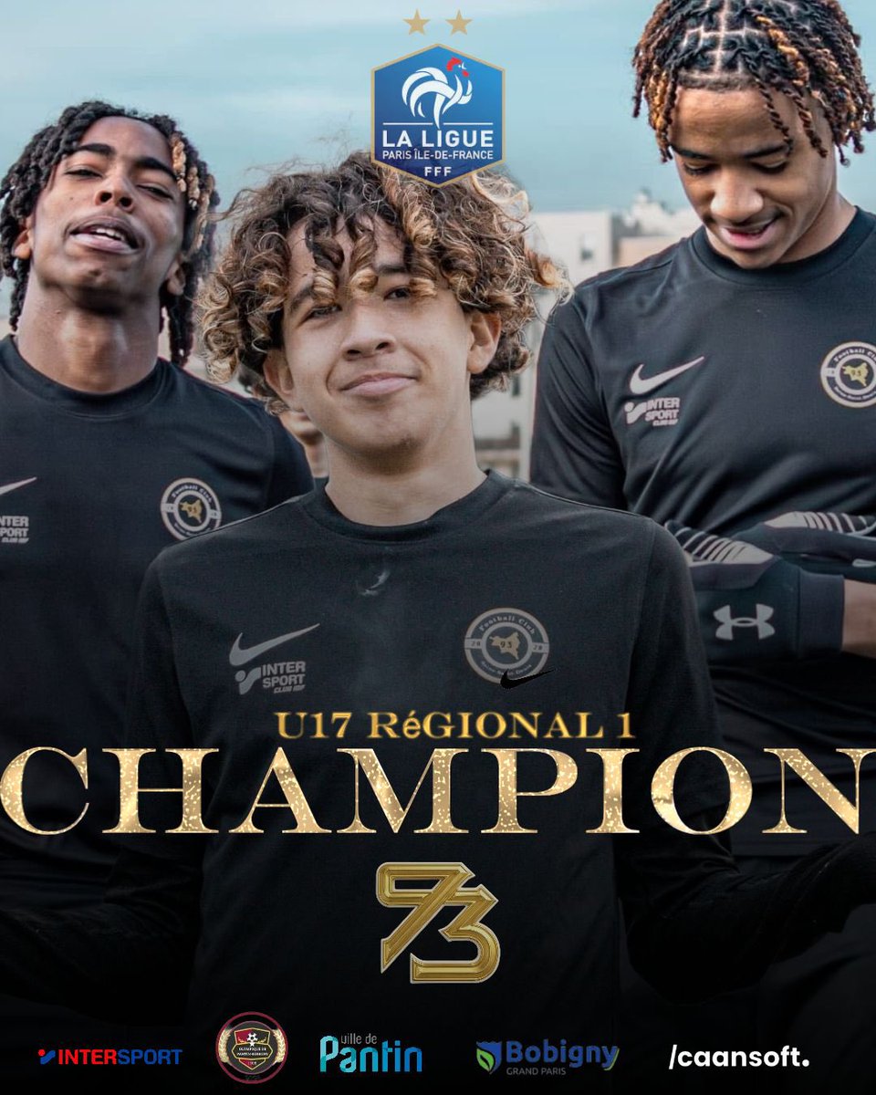 FC93officiel's tweet photo. 🏆 CHAMPIONS U17 R1 🏆

Après les U15 Féminines, les U17 du FC93 sont sacrés Champions Régional 1 à 3 journées de la fin !

2ème titre de la saison pour notre formation. Bravo aux joueurs, au staff et aux parents !

#FC93 #Team93 #U17R1 #Champions @LPIFF75 @District93foot https://t.co/D2XZuLFoRU