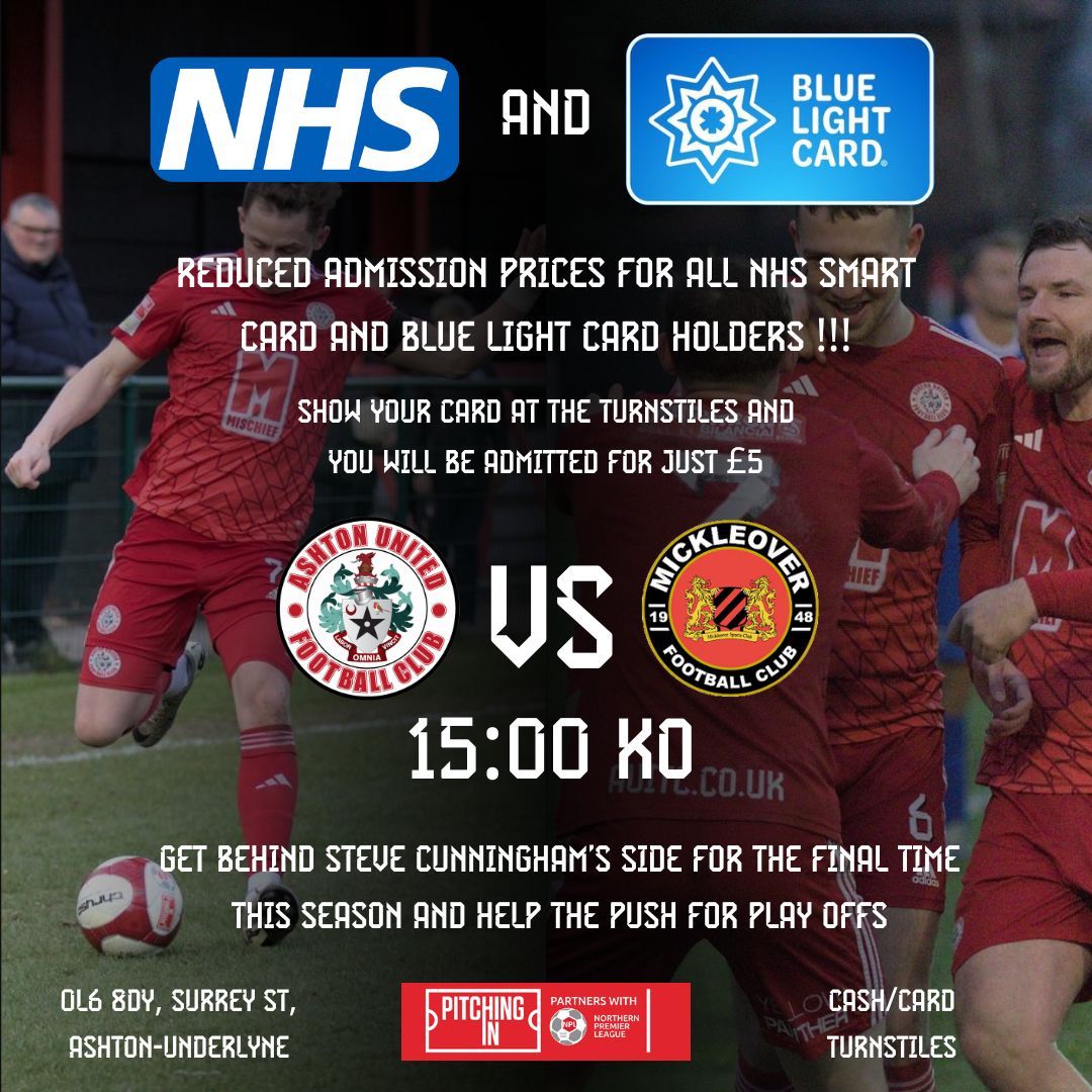 Ashton United FC (@ashtonunitedfc) on Twitter photo ๐๐๐๐๐ฝ๐ผ๐๐ ๐๐๐ ๐ผ ๐๐๐๐๐
Bank Holiday Monday sees <a href="/Mickleover_FC/">Mickleover FC</a> visit Hurst Cross
To celebrate the final home game of the season, all <a href="/bluelightcard/">Blue Light Card</a> and <a href="/NHSuk/">NHS</a> card holders can gain entry for ยฃ5
๐tinyurl.com/hometicks
Get behind the #roninsrevolution ๐๐๐๐๐ฝ๐ผ๐๐ ๐๐๐ ๐ผ ๐๐๐๐๐
Bank Holiday Monday sees <a href="/Mickleover_FC/">Mickleover FC</a> visit Hurst Cross
To celebrate the final home game of the season, all <a href="/bluelightcard/">Blue Light Card</a> and <a href="/NHSuk/">NHS</a> card holders can gain entry for ยฃ5
๐tinyurl.com/hometicks
Get behind the #roninsrevolution