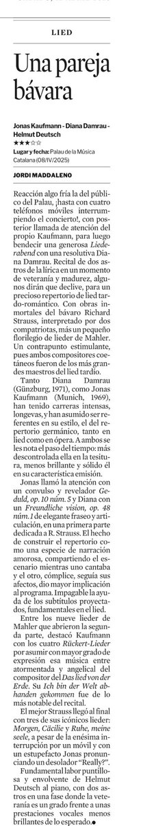JordiMadd's tweet photo. El temps passa per tothom.
La #Liederabend de @DianaDamrau &amp; @tenorkaufmann amb H. #Deutsch va prometre + q oferir.
Artistes d’#starsystem de tornada, l’experiència serà un grau, però el resultat va ser discret i previsible. 
#Crítica a @LaVanguardia ⭐️⭐️⭐️
Bàvars que no bàrbars https://t.co/2LCfXlhznP