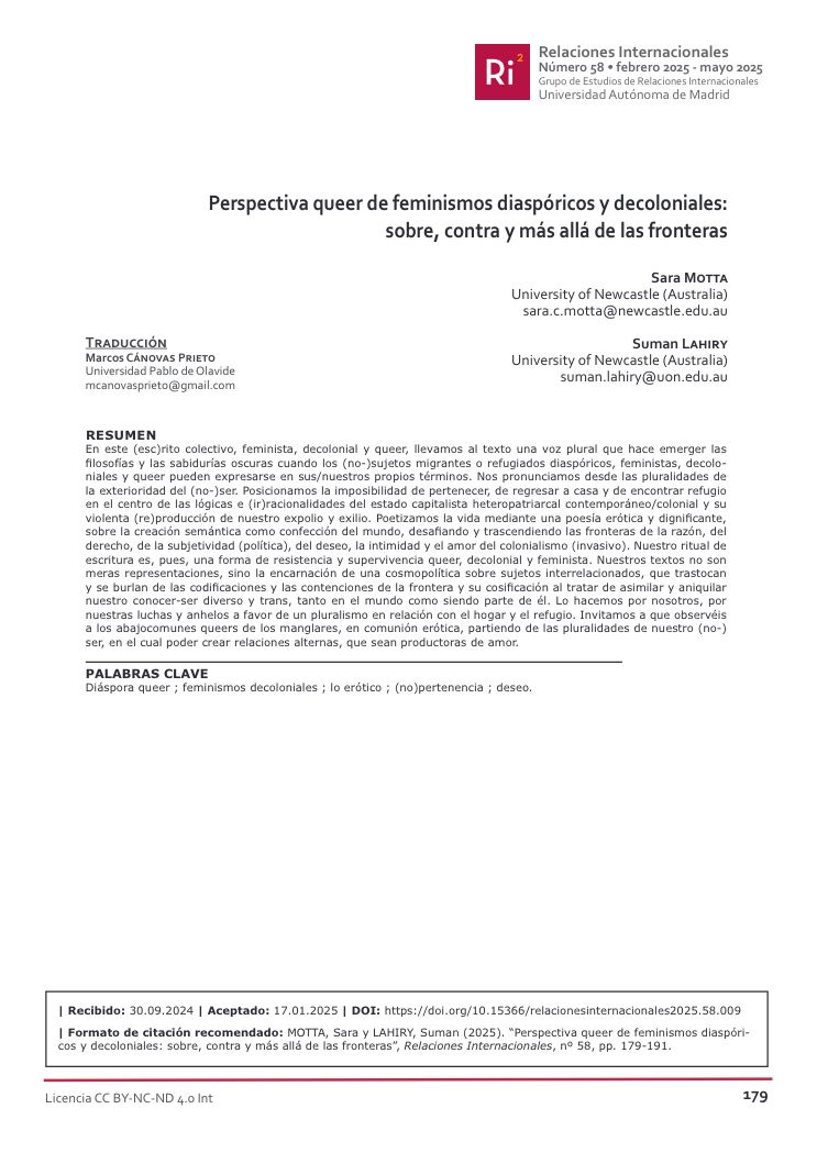 RRInternacional's tweet photo. Nº.58 #Artículo: "Perspectiva queer de feminismos diaspóricos y decoloniales: sobre, contra y más allá de las fronteras"
- Sara Motta, Suman Lahiry

Puedes leerlo aquí: https://t.co/UCfDfhu1nn

#RevistaRelacionesInternacionales #UAM https://t.co/PR7XxgfzQJ